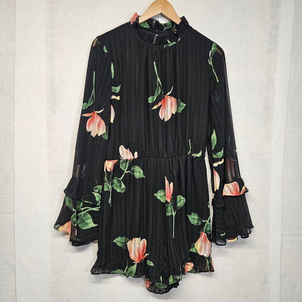 Lulus Black Floral Long Sleeve Ruffle Romper Size Medium Mock Neck Keyhole
